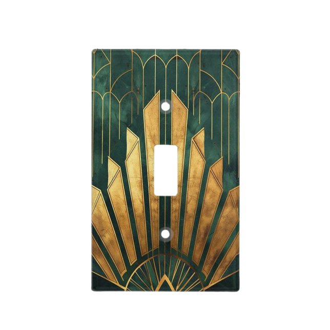 Art Deco Green and Gold Geometric Design Light Switch Cover (Front)