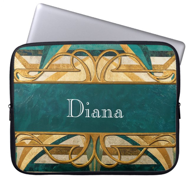 Art Deco Green and Gold Stripes Personalized Laptop Sleeve (Front)