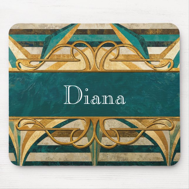 Art Deco Green and Gold Stripes Personalized Mouse Pad (Front)