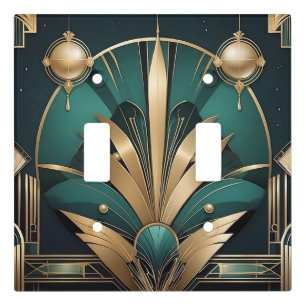 Art Deco Green, Black and Gold Geometric Design Light Switch Cover