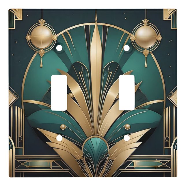 Art Deco Green, Black and Gold Geometric Design Light Switch Cover (Front)
