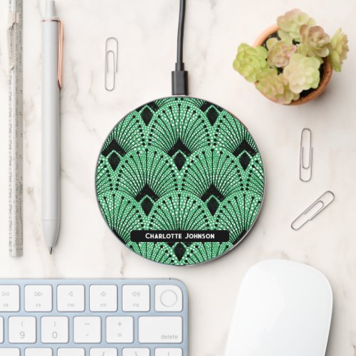 Art Deco Green Black White Peacock Pattern Wireless Charger