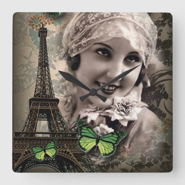 art deco green butterfly vintage gatsby girl square wall clock (Front)