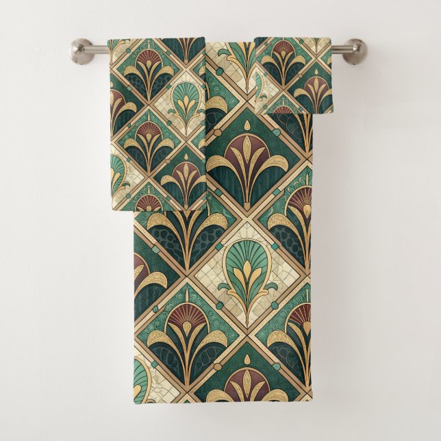 Art Deco Green Emerald Bath Towel Set (Insitu)