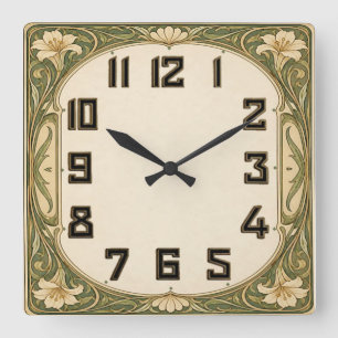 Art Deco Green Floral Square Wall Clock