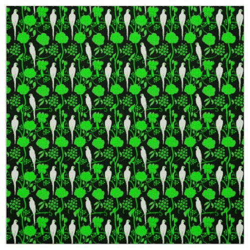 ART DECO GREEN FLOWERS AND WHITE PARROTS ON BLACK FABRIC