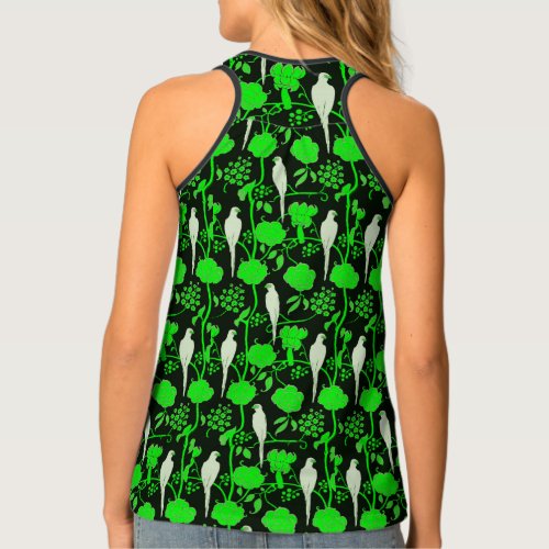 ART DECO GREEN FLOWERSWHITE PARROTS Black Tank Top