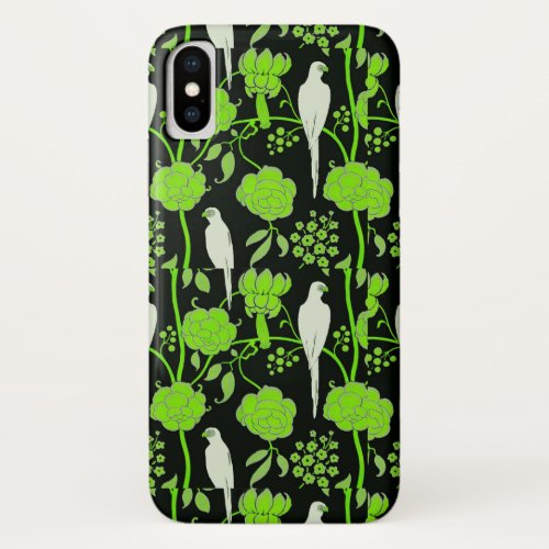 ART DECO GREEN FLOWERSWHITE PARROTS ON BLACK iPhone X CASE
