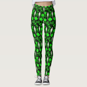 ART DECO GREEN FLOWERS,WHITE PARROTS ON BLACK LEGGINGS