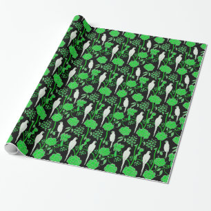 ART DECO GREEN FLOWERS,WHITE PARROTS ON BLACK WRAPPING PAPER