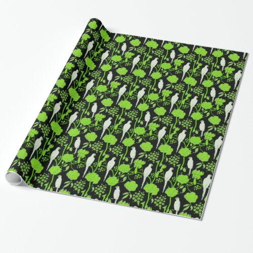 ART DECO GREEN FLOWERSWHITE PARROTS ON BLACK WRAPPING PAPER