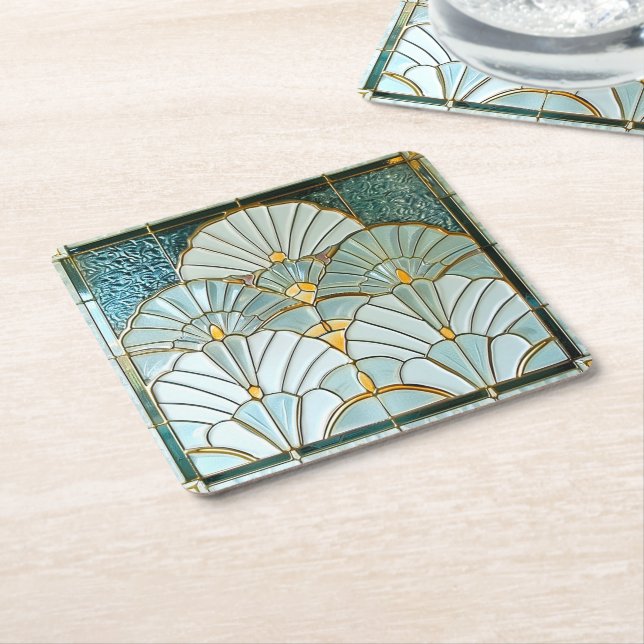 Art Deco Green Gold Elegant Fan Pattern Square Paper Coaster (Angled)