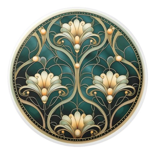  Art Deco Green Gold White Art Nouveau  Ceramic Knob