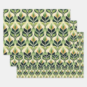 Art Deco Green Leaf Wrapping Paper Flat Sheet Set