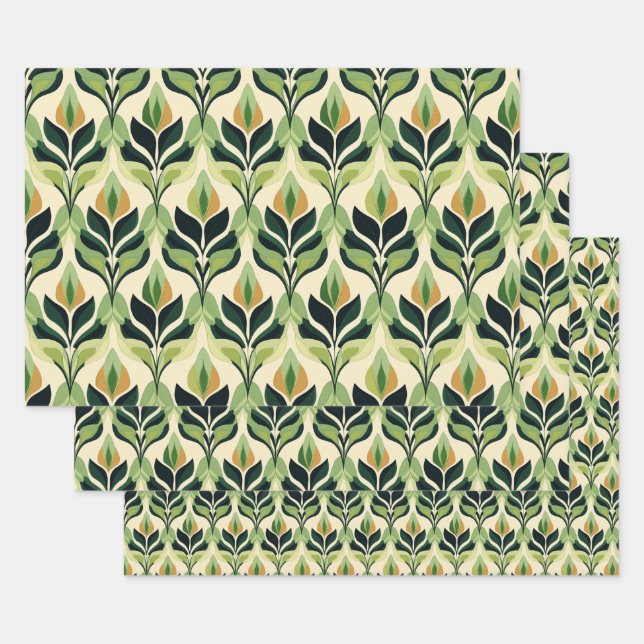Art Deco Green Leaf Wrapping Paper Flat Sheet Set (Set)