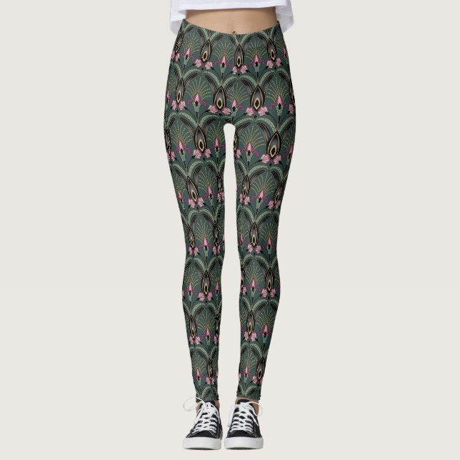 Art Deco Green Print Leggings (Front)