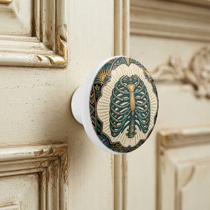Art Deco Green Ribcage Skeleton Anatomical Ceramic Knob