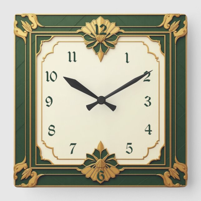Art Deco Green Square Wall Clock (Front)