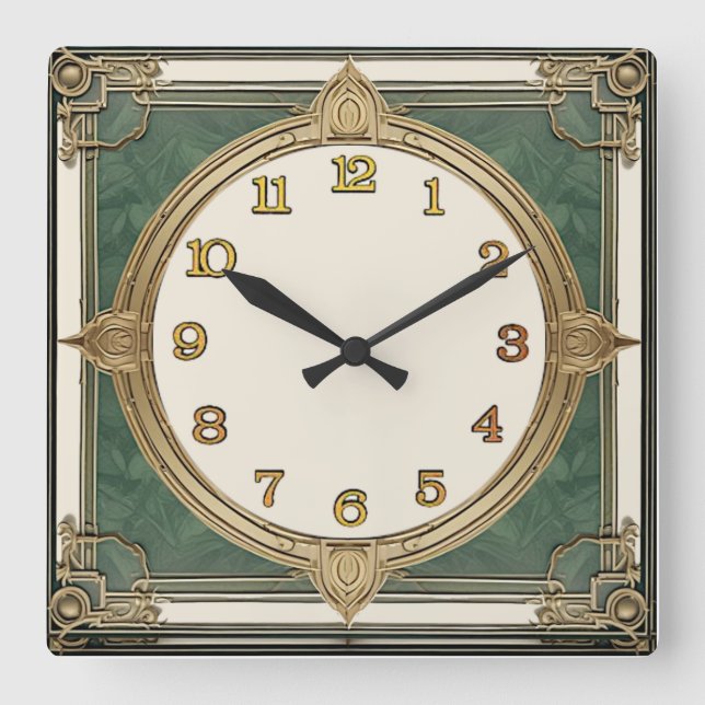 Art Deco Green Square Wall Clock (Front)