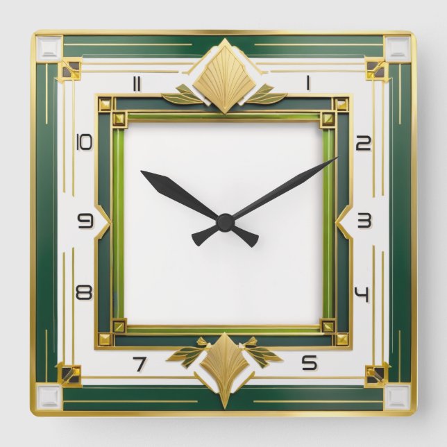 Art Deco Green Square Wall Clock (Front)