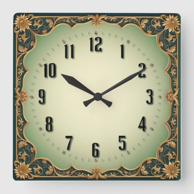 Art Deco Green Square Wall Clock (Front)