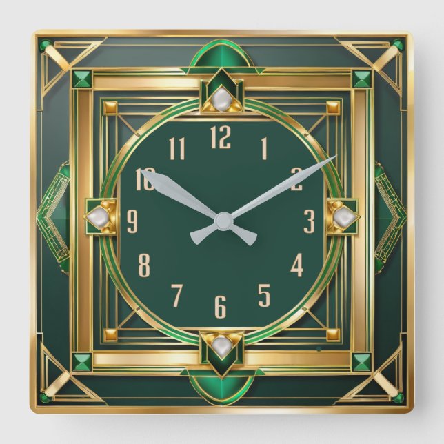 Art Deco Green Square Wall Clock (Front)