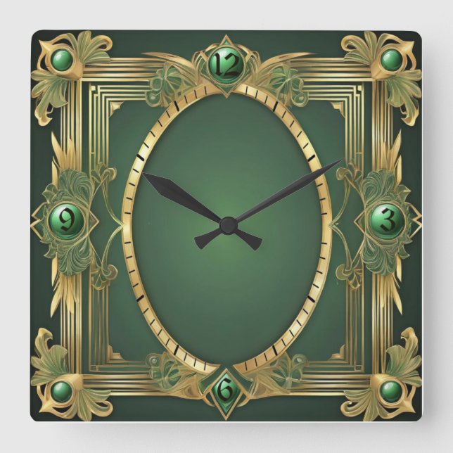 Art Deco Green Square Wall Clock (Front)