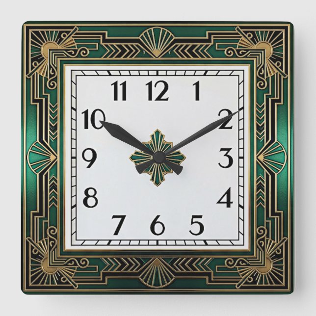 Art Deco Green Square Wall Clock (Front)