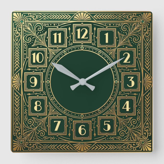 Art Deco Green Square Wall Clock (Front)
