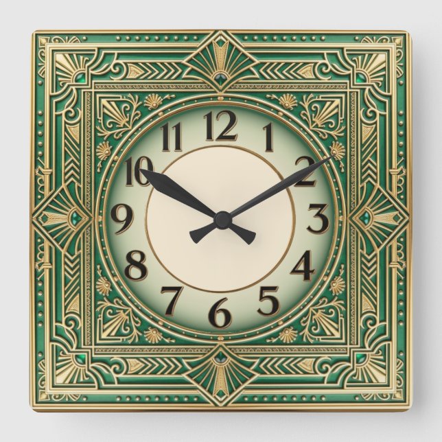 Art Deco Green Square Wall Clock (Front)