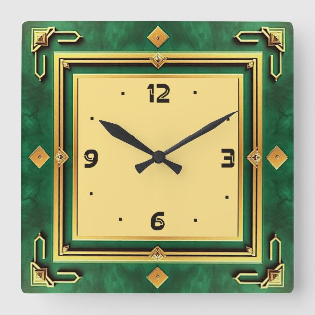 Art Deco Green Square Wall Clock (Front)