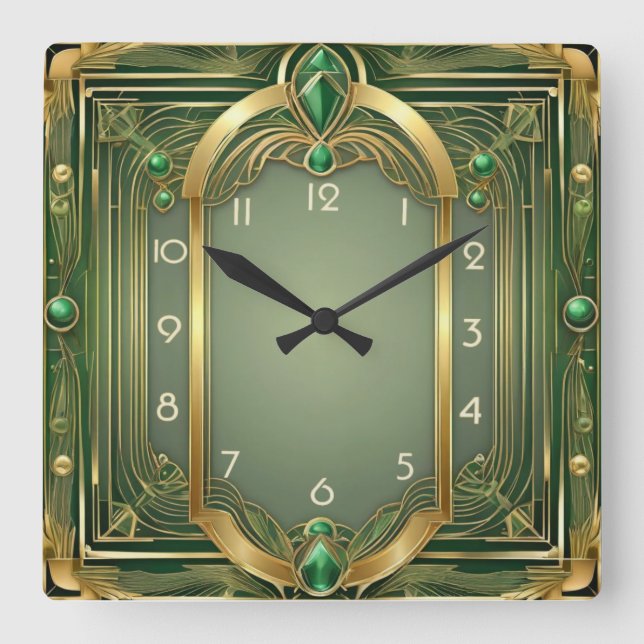 Art Deco Green Square Wall Clock (Front)