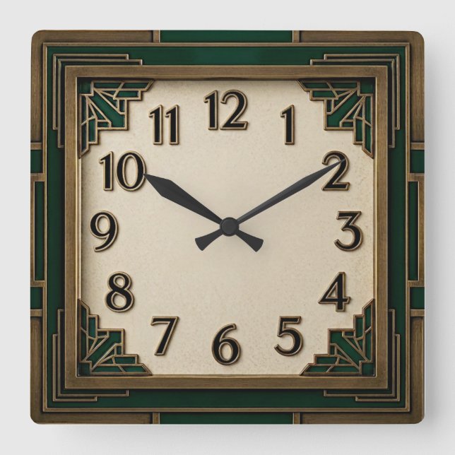 Art Deco Green Square Wall Clock (Front)
