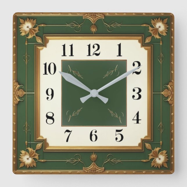 Art Deco Green Square Wall Clock (Front)
