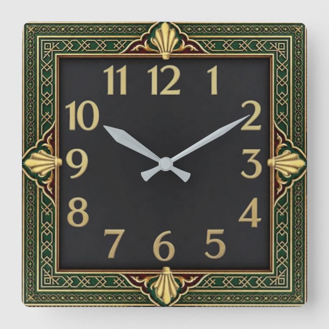 Art Deco Green Square Wall Clock (Front)