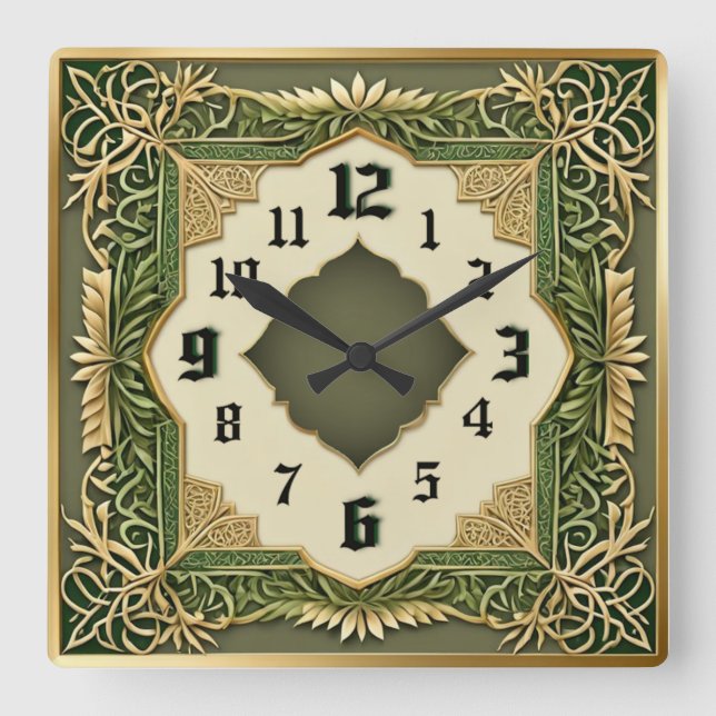 Art Deco Green Square Wall Clock (Front)