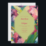 Art Deco Groovy Oil Painting Wedding Invitation<br><div class="desc">Hot pink text over light green geometric shape with oil painting inspired floral background.</div>