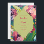 Art Deco Groovy Oil Painting Wedding Invitation<br><div class="desc">Hot pink text over light green geometric shape with oil painting inspired floral background.</div>