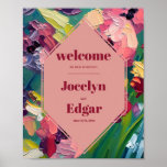 Art Deco Groovy Painting Inspired Wedding Welcome Poster<br><div class="desc">Burgundy text over light pink geometric shape with oil painting inspired floral background.</div>