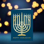 Art Deco Hanukkiah Menorah Happy Hanukkah Foil Holiday Card<br><div class="desc">Wish friends and family "Happy Hanukkah" with this art deco inspired hanukkiah,  with editable colors of both the menorah and the background. Photo optional inside.</div>
