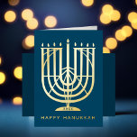 Art Deco Hanukkiah Menorah Happy Hanukkah Foil Holiday Card<br><div class="desc">Wish friends and family "Happy Hanukkah" with this art deco inspired hanukkiah,  with editable colors of both the menorah and the background. Photo optional inside.</div>