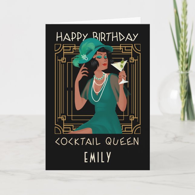 Art Deco Happy Birthday Cocktail Queen Black Card (Front)