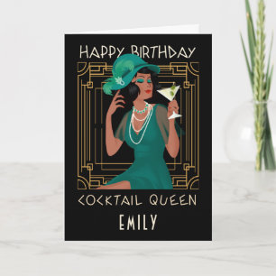 Art Deco Happy Birthday Cocktail Queen Black Card