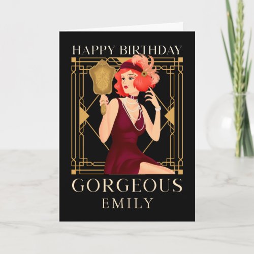 Art Deco Happy Birthday Gorgeous Lady Mirror Black Card
