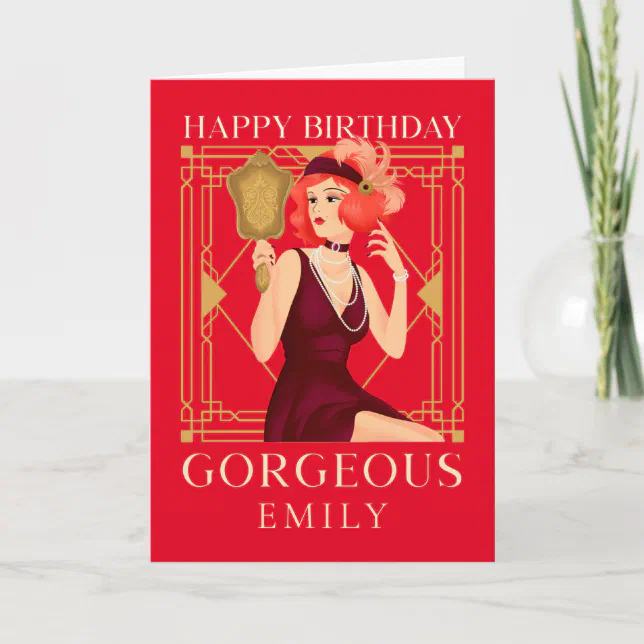 Art Deco Happy Birthday Gorgeous Lady Mirror Red Card 