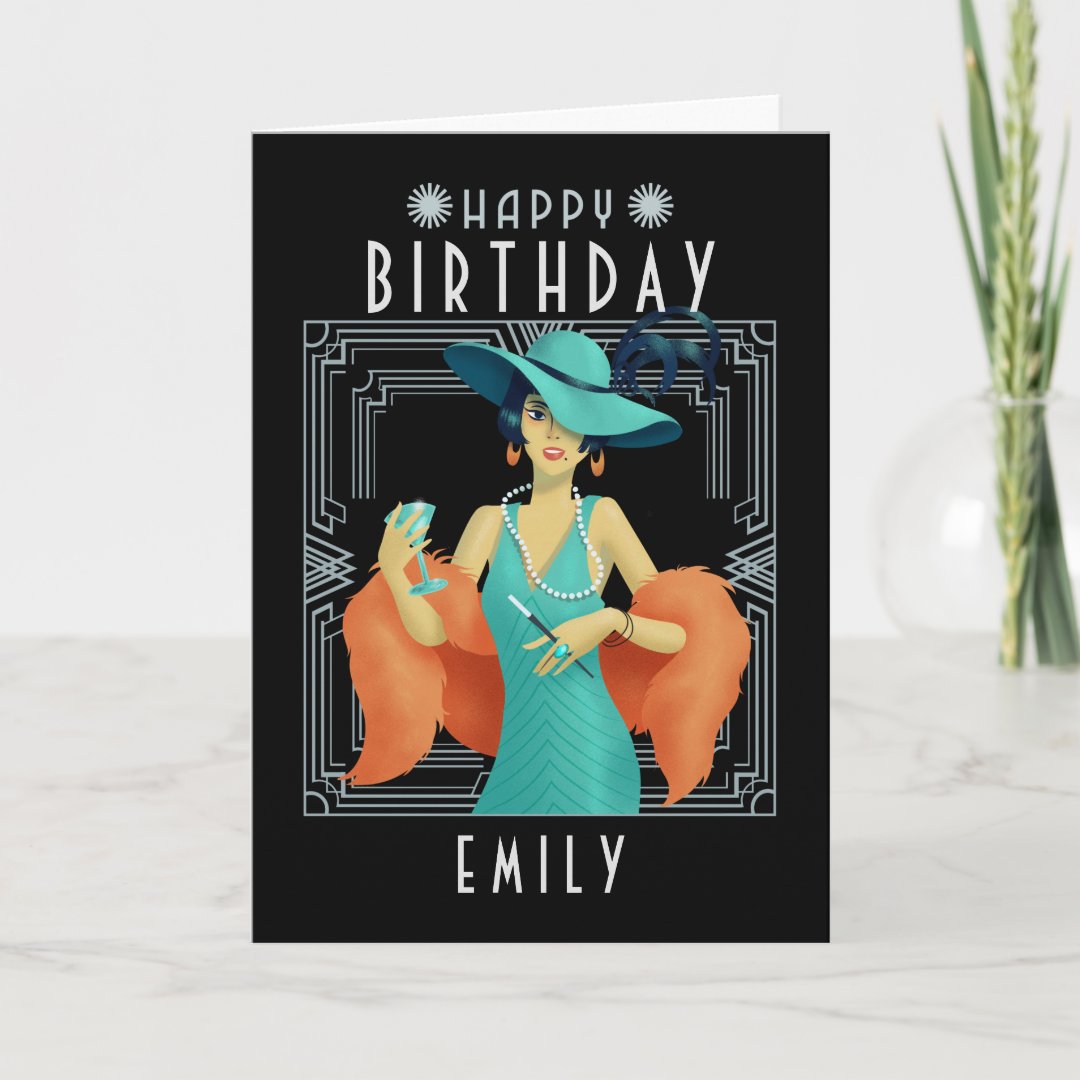 Art Deco Happy Birthday Name Twenties Female Black Card | Zazzle