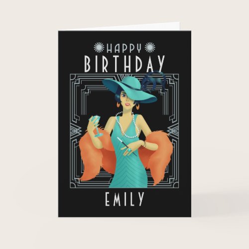 Art Deco Happy Birthday Name Twenties Female Black Card