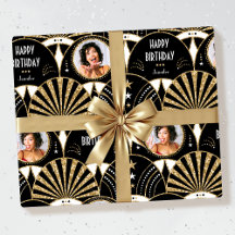 Art Deco Happy Birthday Photo Elegant Black Gold