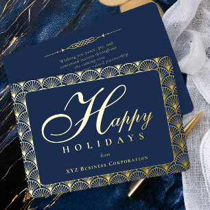 Art Deco Happy Holidays Navy Business Foil Holiday Card
