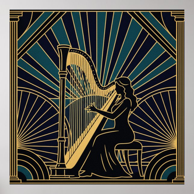 Art Deco Harpist Silhouette Poster Gold and Black  (Front)